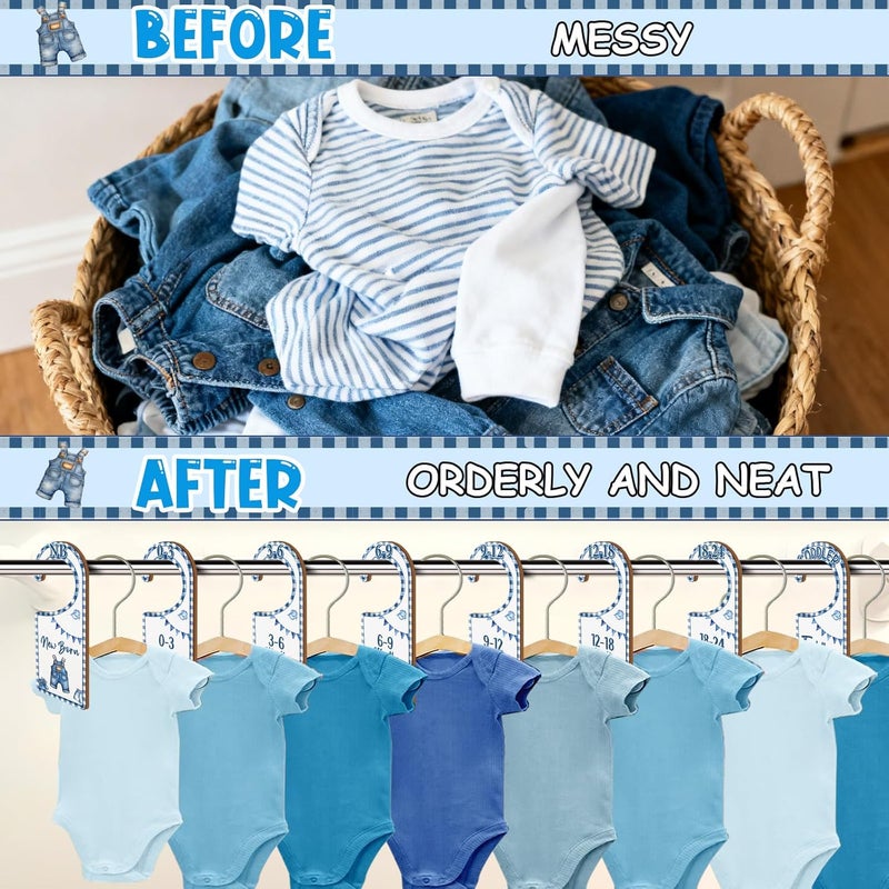 CORNER LACE Baby Closet Dividers 8PCS, Denim Themed Wooden Double-Sided Clothes Size Hanger/Organizer from Newborn to Toddler, Blue Jean Nursery Decor Baby Shower Birthday Gender Reveal Party Gift - Image 3